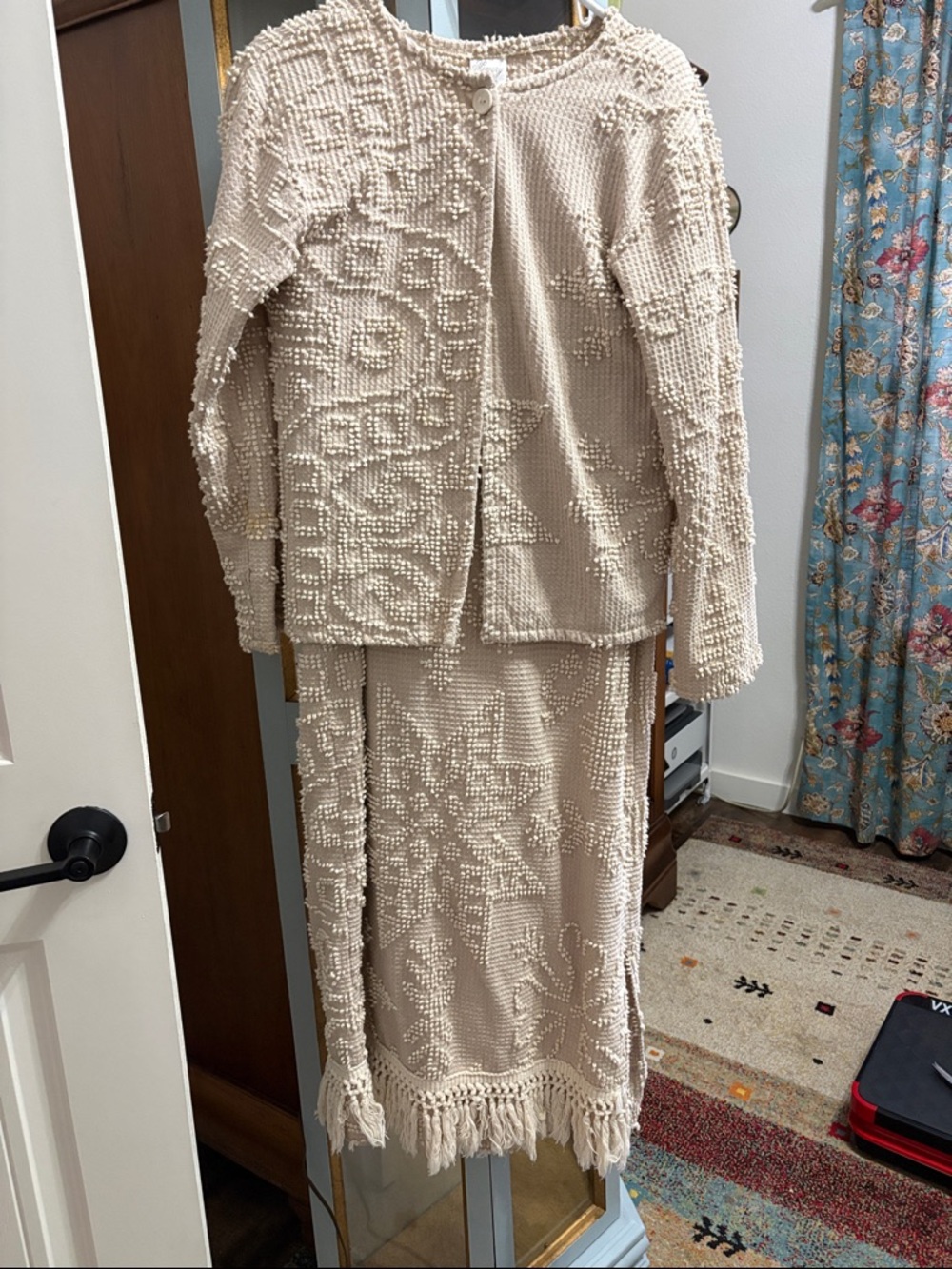 Cream Two-Piece Skirt and jacket set from vintage chenille bedspread.